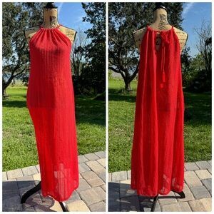 NWT C&C California Net Crochet Swim Coverup Midi Halter Size Medium Red
